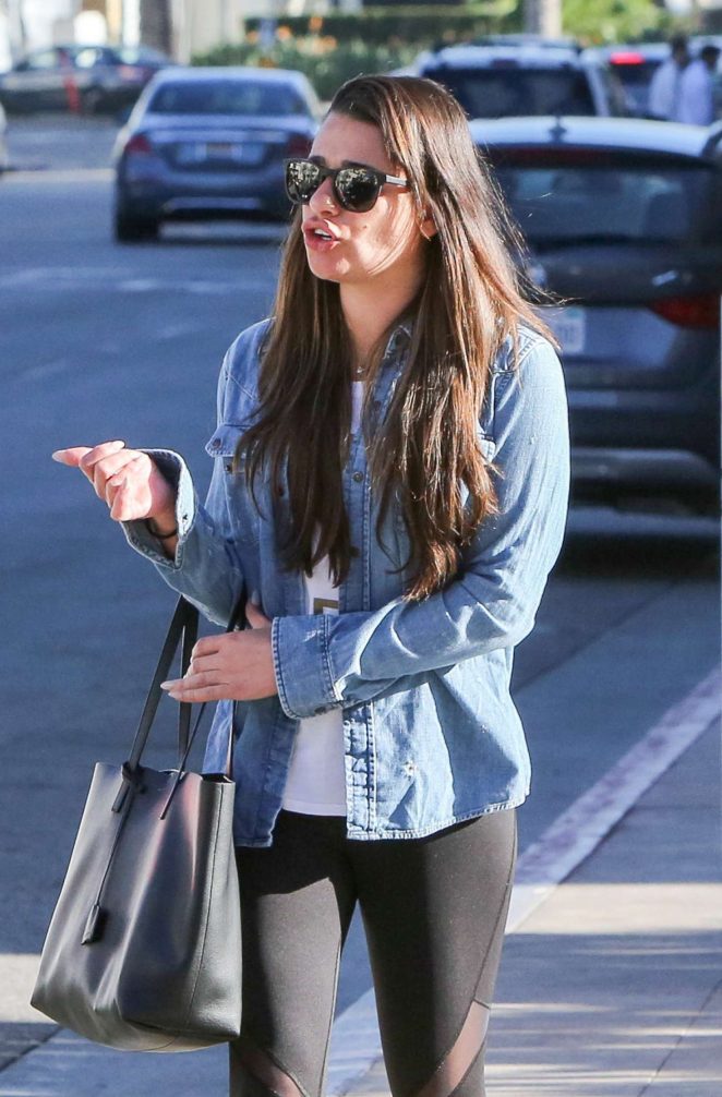 Lea Michele in Tights Leaves Bouchon in Beverly Hills