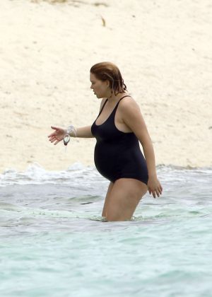 Lea Seydoux in Black Swimsuit at the beach in Mauritius