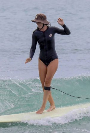 Leighton Meester - Pictured during a solo surf session off the coast of Malibu