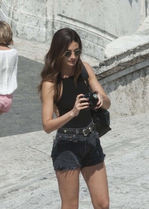Lily Aldridge in Jeans Shorts Out in Rome