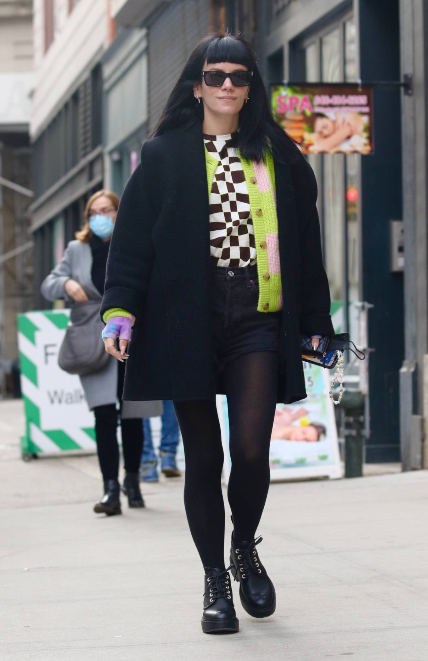 Lily Allen - In a green patterned sweater out in Manhattan