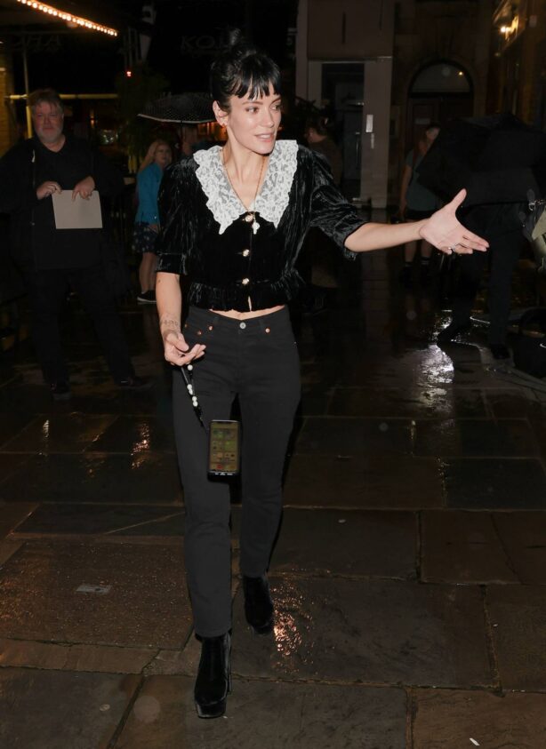 Lily Allen - In a white collard top and denim seen after A Ghost story theatre production in London