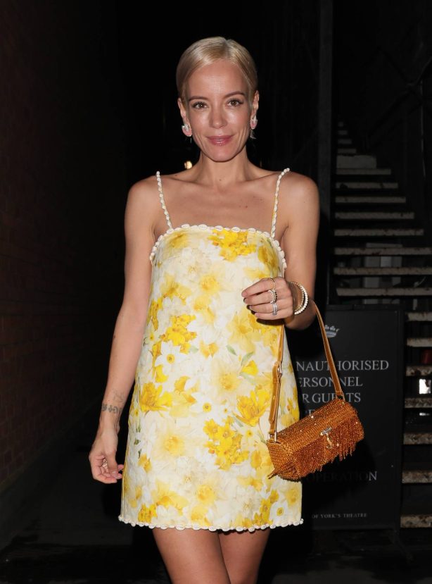 Lily Allen - Wearing a yellow floral dress at The Duke of York Theatre in London