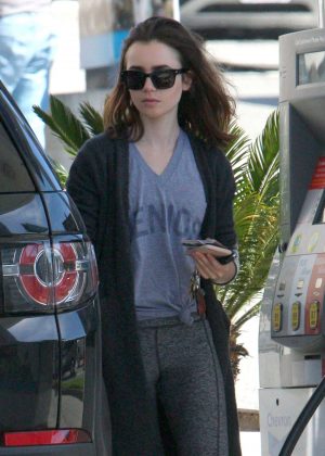 Lily Collins at a gas station in Beverly Hills
