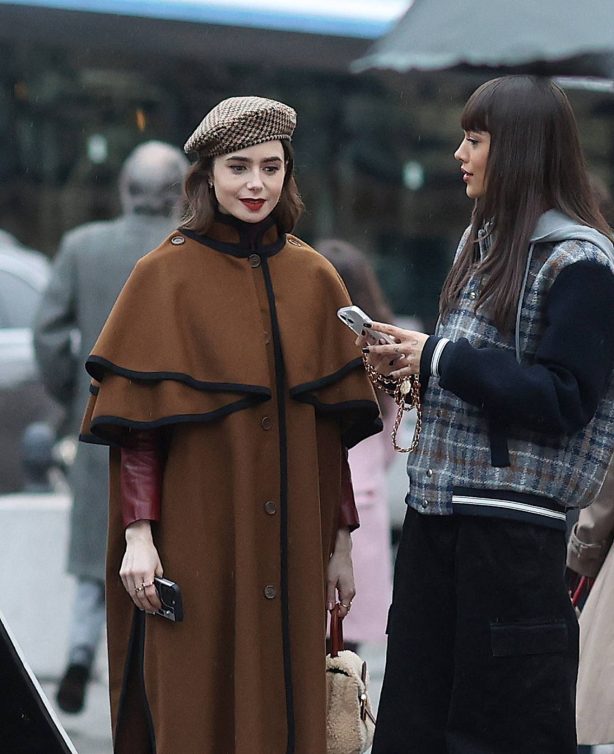 Lily Collins - Filming 'Emily in Paris'