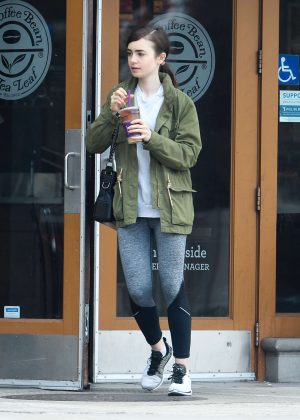 Lily Collins grabs a drink out in Los Angeles