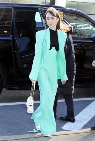 Lily Collins - In a mint green pantsuit attending the Drew Barrymore show in NY