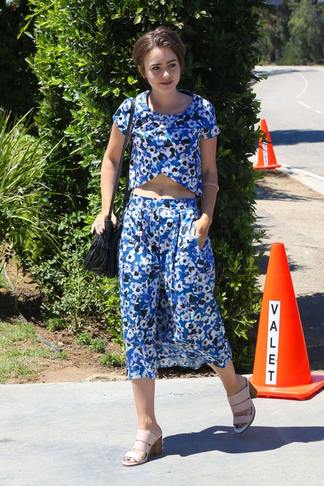 Lily Collins in Blue Dress out in Brentwood
