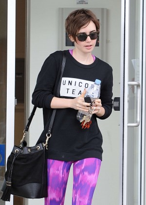 Lily Collins in Spandex Leaving a gym in West Hollywood