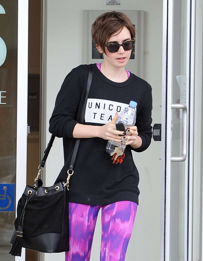 Lily Collins in Spandex Leaving a gym in West Hollywood