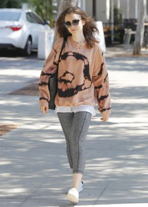 Lily Collins in Tights after the workout in West Hollywood