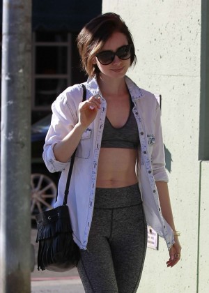 Lily Collins in Tights at Hugo’s in West Hollywood