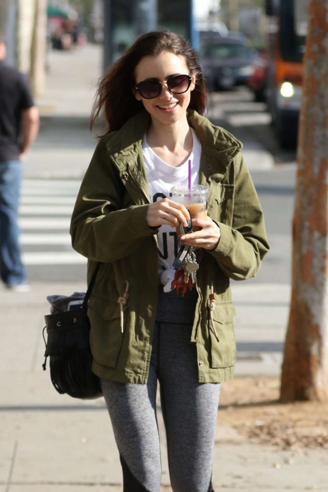 Lily Collins in Tights grabs a coffee in Los Angeles