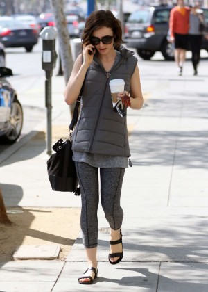 Lily Collins in Tights Leaving a Gym in LA