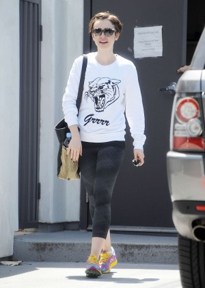 Lily Collins in Leggings Leaving a Gym in West Hollywood