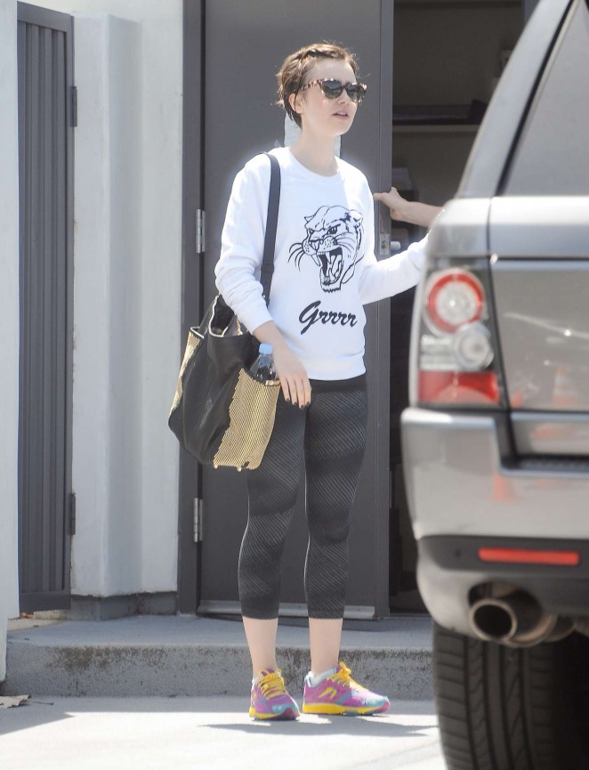 Lily Collins in Tights Leaving a gym in West Hollywood