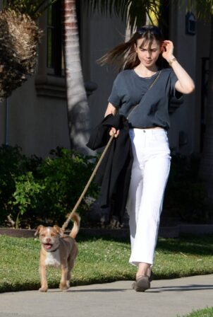 Lily Collins - On a stroll with her dog and a friend in West Hollywood
