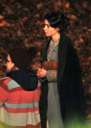 Lily Collins - On the set of her new film 'Tolkien' in Liverpool