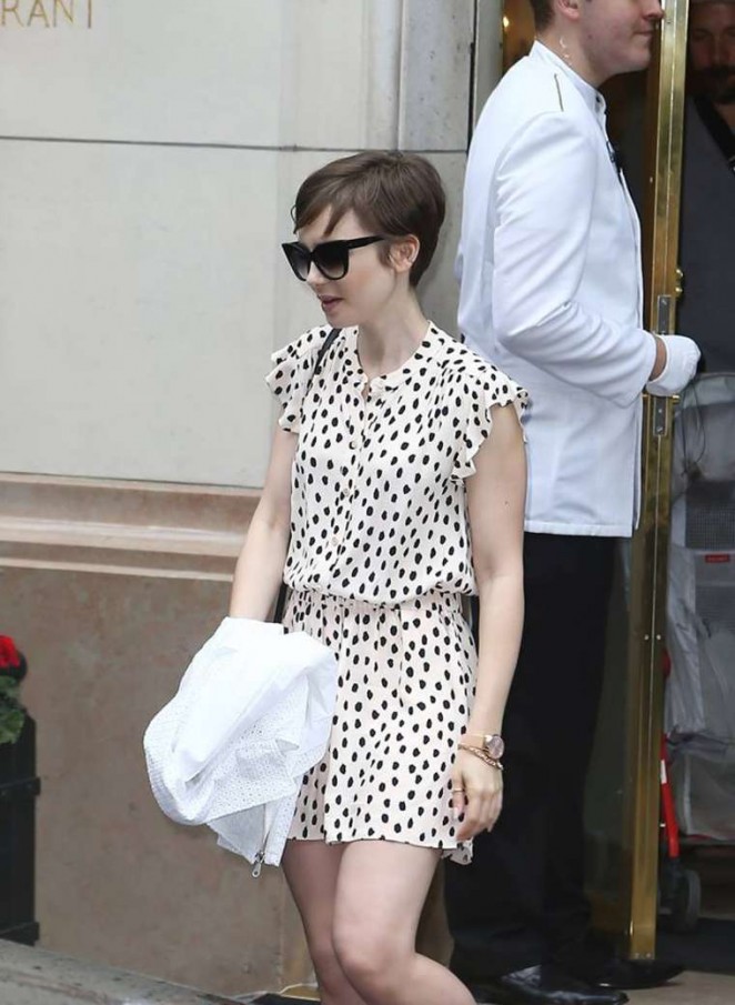 Lily Collins in Mini Dress Out in Paris