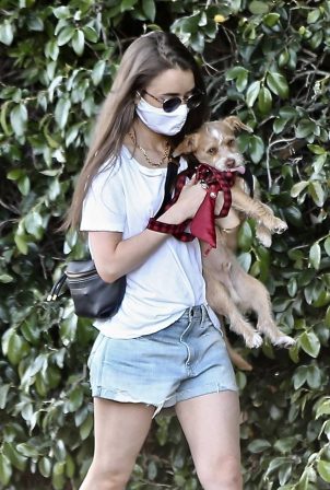 Lily Collins - Taking her beloved dog Redford for a walk in Beverly Hills