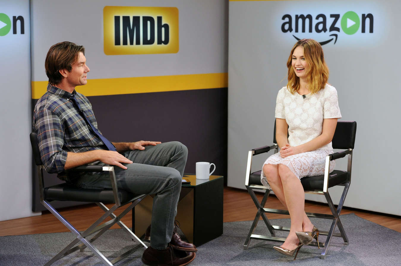 Lily James on the set of her live IMDb Asks interview with Jerry O’Connell ...