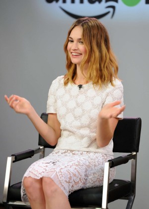 Lily James on the set of her live IMDb Asks interview with Jerry O'Connell in NY