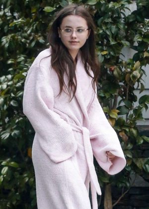 Lily Mo Sheen in Bathrobe Leaves Her Home in Los Angeles