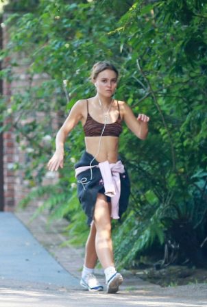 Lily-Rose Depp in Animal Print Sports Bra - Out for a speed walk session in Los Angeles