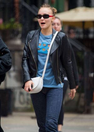 Lily Rose Depp in Leather Jacket - Out in New York