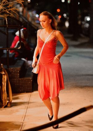 Lily Rose Depp in Red Dress - Out with her friends in New York