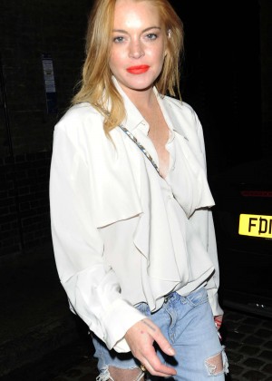 Lindsay Lohan in Ripped Jeans at Chiltern Firehouse in London