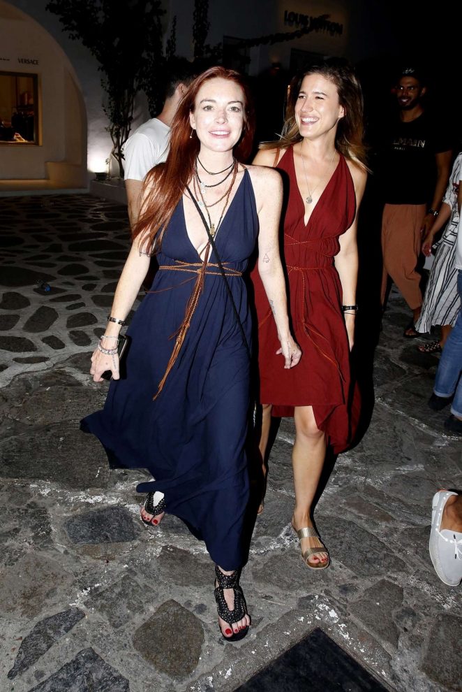 Lindsay Lohan in Long Dress with friends in Mykonos