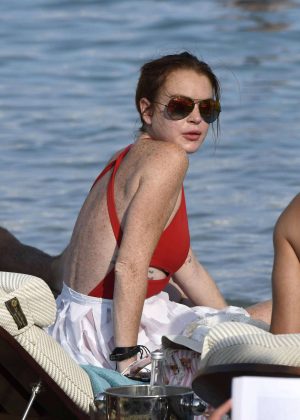 Lindsay Lohan in Red Swimsuit in Mykonos