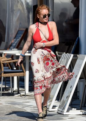 Lindsay Lohan in Summer Skirt out in Mykonos