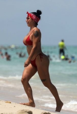 Lis Vega - in a red bikini at the beach in Miami