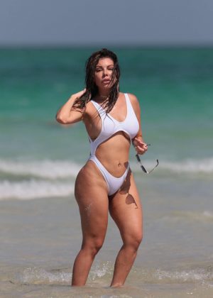 Liziane Gutierrez in White Swimsuit on Miami Beach