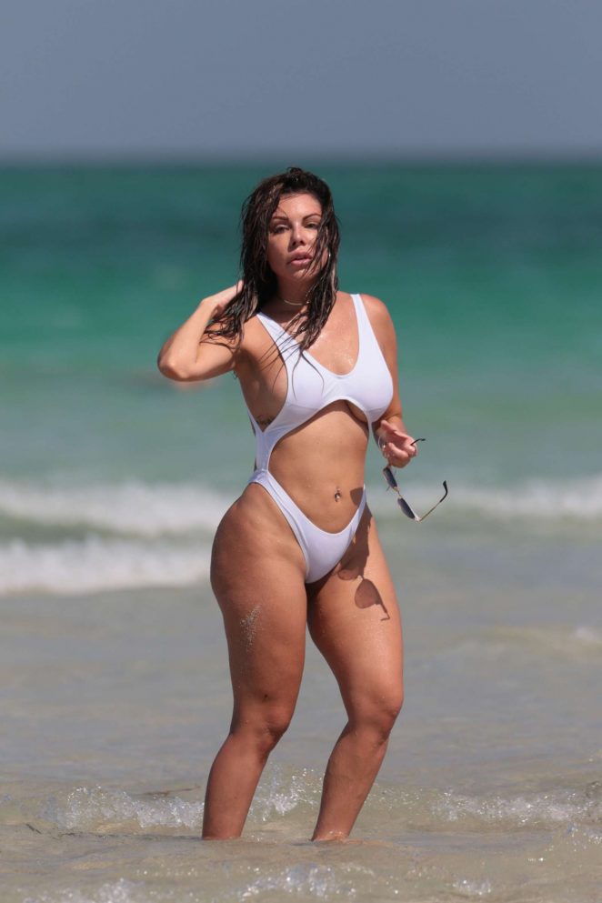 Liziane Gutierrez in White Swimsuit on Miami Beach