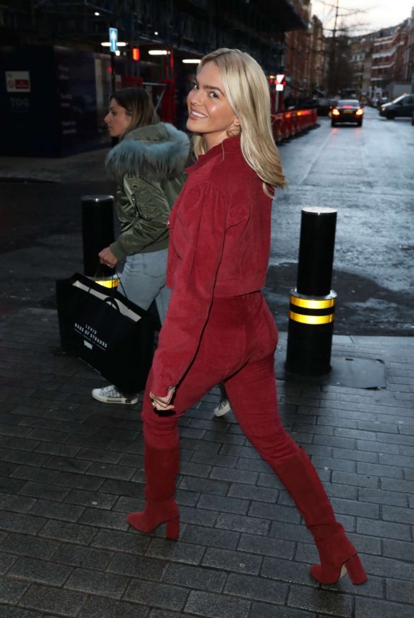 Louisa Johnson - Spotted in red with suede knee boots in London