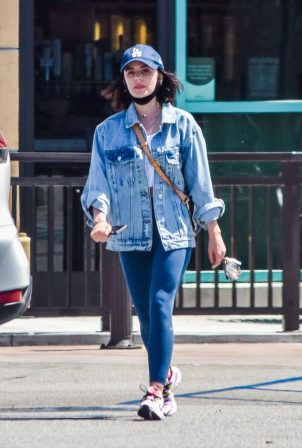 Lucy Hale - Grocery shopping in jeans jacket and skintight leggings in Los Angeles
