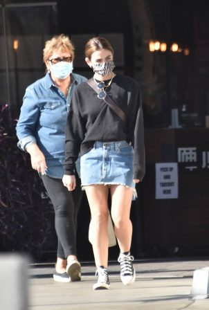 Lucy Hale - In a denim mini skirt shopping at Michaels in Studio City