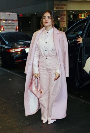 Lucy Hale - In a pink outfit arriving at the CBS Morning Show in New York