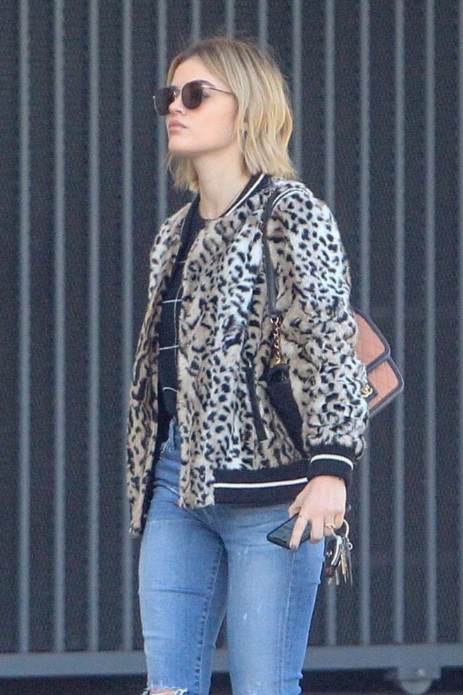 Lucy Hale in Animal Print Jacket - Out in Los Angeles