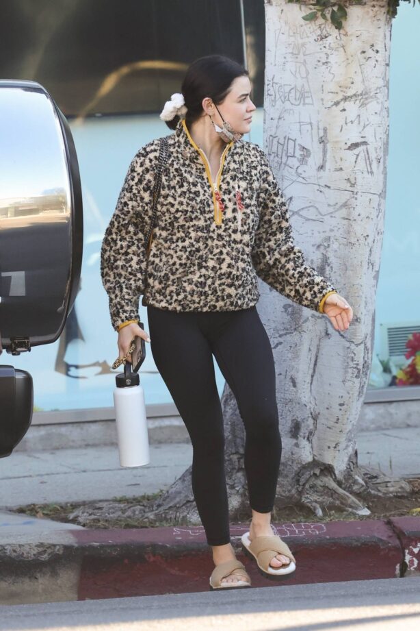 Lucy Hale - In animal print sweater out for yoga class in Los Angeles