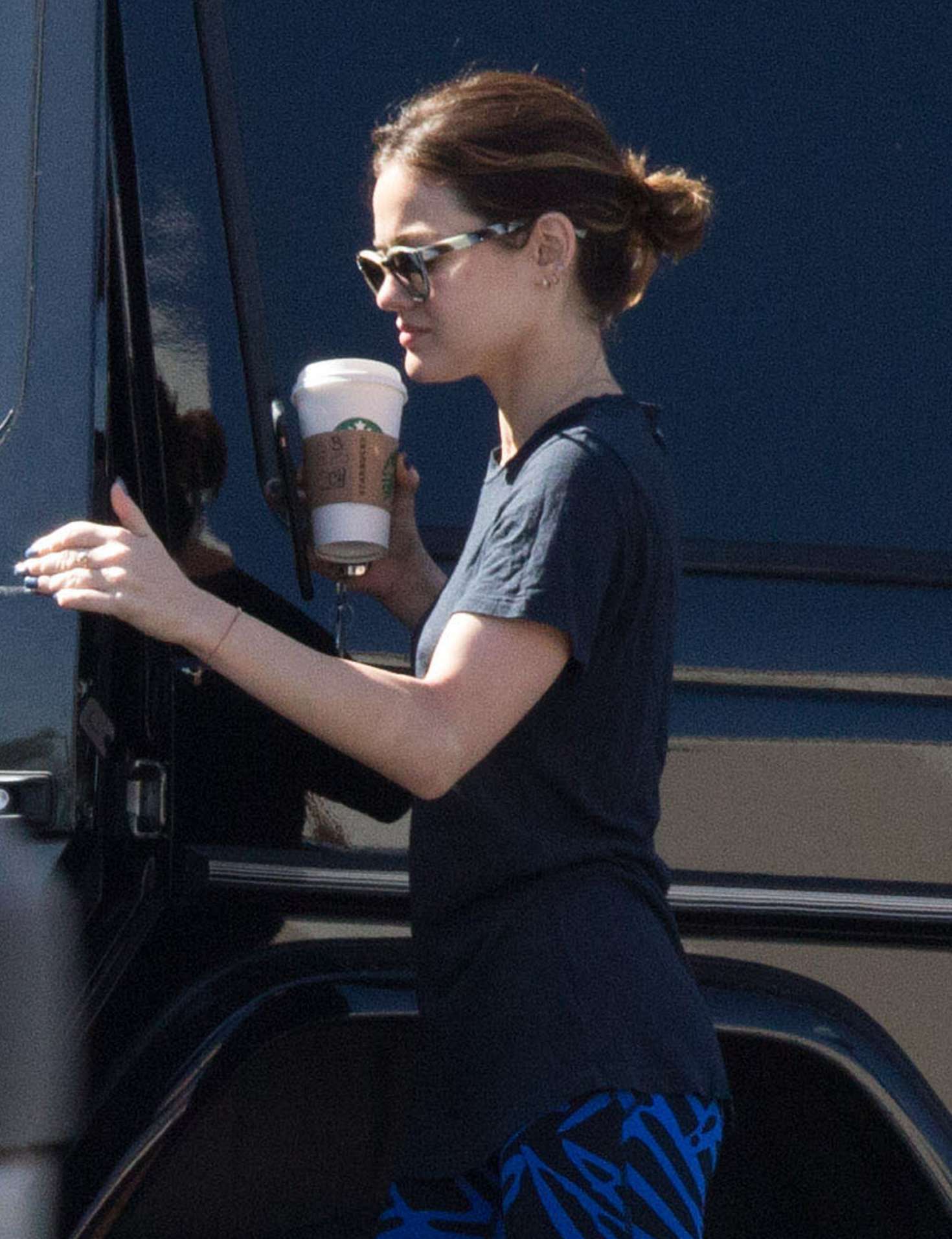 Lucy Hale in Blue Tights at Starbucks in Los Angeles