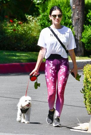 Lucy Hale in Floral Print Tights - Walking her pooch Elvis in Los Angeles
