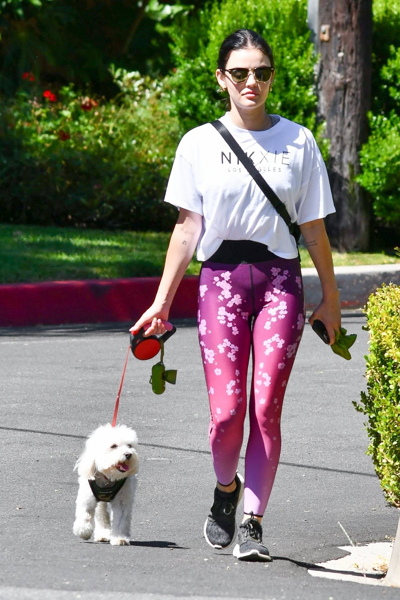 Lucy Hale in Floral Print Tights - Walking her pooch Elvis in Los Angeles