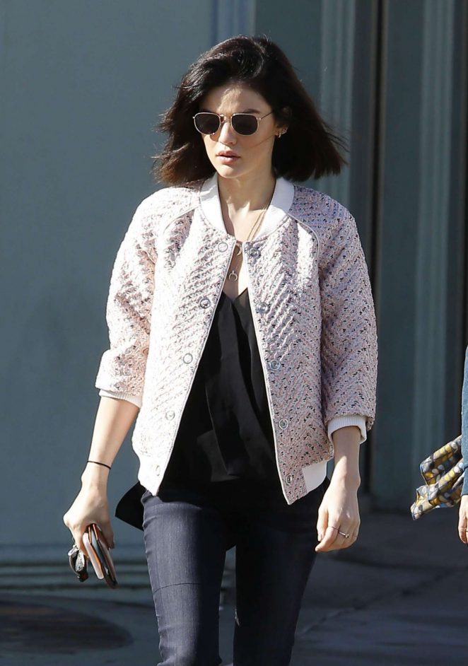 Lucy Hale in pink jacket out in LA