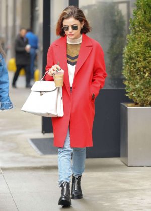Lucy Hale in Red Coat Out in NYC