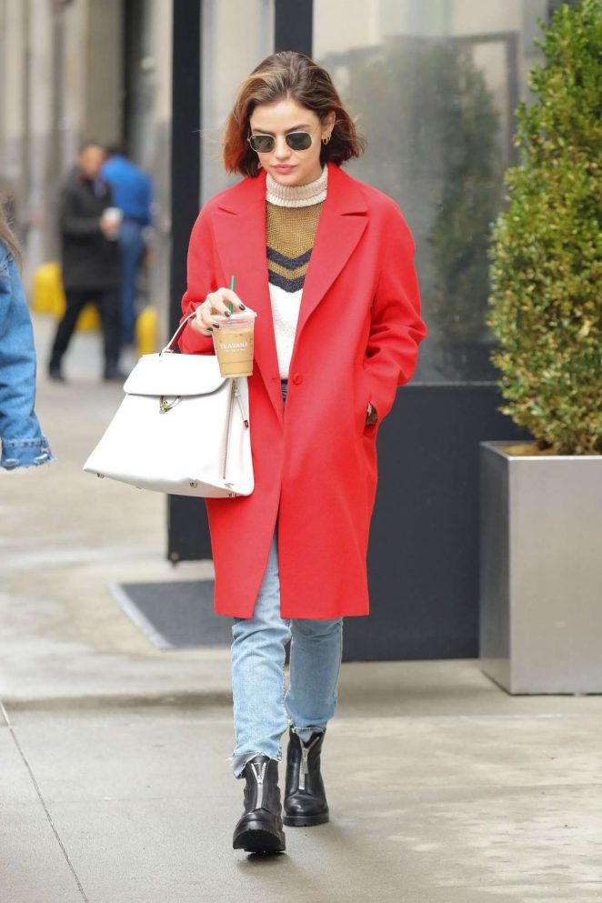 Lucy Hale in Red Coat Out in NYC