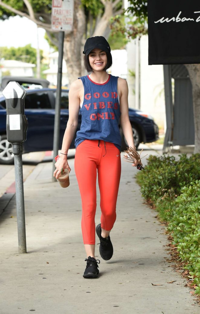 Lucy Hale in Red Tights heads to the gym in LA 